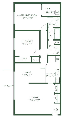 Floor plan for 2 beds, 1.5 baths, 1062 sqft